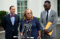 Alveda King (C), niece of Dr. Martin Luther King Jr., speaks following a meeting with US President Donald Trump and other faith-based inner-city leaders at the White House in Washington, DC on July 29, 2019. (Photo by SAUL LOEB/AFP via Getty Images)