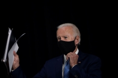 US Democratic presidential candidate Joe Biden leaves after speaking about the coronavirus pandemic and the economy on June 30, 2020, in Wilmington, Delaware. (Photo by BRENDAN SMIALOWSKI/AFP via Getty Images)