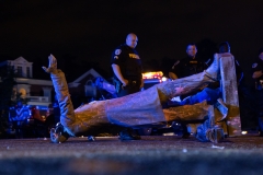A statue of Confederate States President Jefferson Davis lies on the street after protesters pulled it down in Richmond, Va., on June 10, 2020. (Photo credit: PARKER MICHELS-BOYCE/AFP via Getty Images)