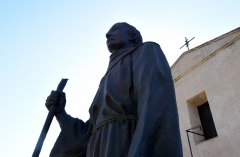 A statue of Father Junipero Serra stands in front of the San Gabriel Mission in San Gabriel, California on September 23, 2015 as a visiting Pope Francis made the controversial Spanish missionary a saint. (Photo credit: FREDERIC J. BROWN/AFP via Getty Images)