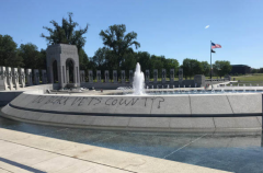 A photo shared by the Friends of the National World War II Memorial shows spray-paint vandalism. (Photo from @WWIIMEMORIAL/Twitter)