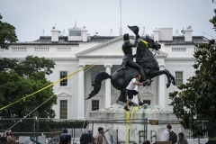 Ropes hang off the statue of Andrew Jackson in Lafayette Park across from the White House on June 22. (Photo by Drew Angerer/AFP via Getty Images)