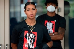 Washington Mystics WNBA player Natasha Cloud joins Washington Wizard NBA player Bradley Beal for a Juneteenth march and rally in Washington, DC, on June 19, 2020. (Photo by JIM WATSON/AFP via Getty Images)