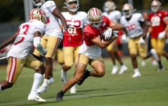 Dante Pettis #18 of the San Francisco 49ers runs after making a reception during training camp at the SAP Performance Facility. (Photo credit: Michael Zagaris/San Francisco 49ers/Getty Images)