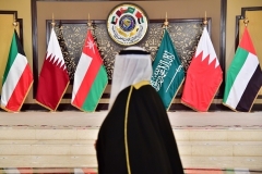 The flags of the six Gulf Cooperation Council countries on display at a previous GCC summit, in Kuwait City. (Photo by Giuseppe Cacace/AFP via Getty Images)