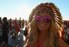 A Chief's fan wears a headpiece during Super Bowl LIV between the Kansas City Chiefs and the San Francisco 49ers at Hard Rock Stadium in Miami Gardens, Florida, on February 2, 2020. (Photo by ANGELA WEISS/AFP via Getty Images)