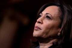 Sen. Kamala Harris (D-CA) listens during a press conference during the impeachment trial of U.S. President Donald Trump on Capitol Hill. (Photo credit: BRENDAN SMIALOWSKI/AFP via Getty Images)