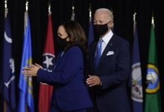 The Joe Biden-Kamala Harris Democrat presidential ticket makes its first public appearance in Wilmington, Delaware, on August 12, 2020. (Photo by Olivier DOULIERY/AFP via Getty Images)