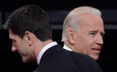 Then-Vice President Joe Biden and Republican vice presidential candidate Paul Ryan depart the stage following their debate in Danville, Kentucky, October 10, 2012. (Photo by SAUL LOEB/AFP/GettyImages)