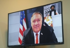 A photo released by the Taliban purportedly shows Secretary of State Mike Pompeo and Taliban negotiator Abdul Ghani Baradar during a virtual meeting. (Photo: Suhail Shaheen/Taliban)
