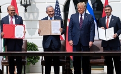 President Trump hosts the signing of the Abraham Accords where the countries of Bahrain and the United Arab Emirates recognize Israel, at the White House on Sept. 15, 2020.(Photo by SAUL LOEB/AFP via Getty Images)