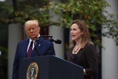 Judge Amy Coney Barrett speaks after being nominated to the U.S. Supreme Court by President Donald Trump in the Rose Garden of the White House in Washington, D.C. on Sept. 26, 2020. (Photo credit: OLIVIER DOULIERY/AFP via Getty Images)