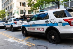 Chicago Police Department vehicles are seen vandalized during a demonstration in response to the killing of George Floyd. (Photo credit: Natasha Moustache/Getty Images)