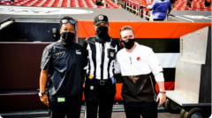 Washington Football Team’s coaching intern Jennifer King, NFL official Sarah Thomas, and Cleveland Browns’ chief of staff Callie Brownson (l-r)