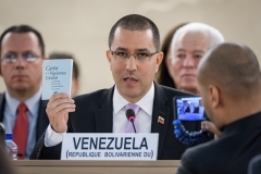 The Maduro regime’s foreign minister, Jorge Arreaza, addresses the Human Rights Council in Geneva. (Photo by Fabrice Coffrini/AFP via Getty Images)