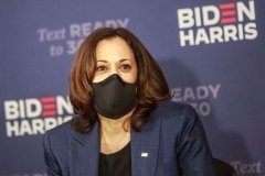 Democratic vice presidential nominee and Senator from California, Kamala Harris, looks on during a "Build Back Better" roundtable with Black Milwaukee business owners to discuss how a Biden-Harris administration would advance racial equity as part of the nation's economic recovery on September 7, 2020 in Milwaukee, Wisconsin. (Photo by KEREM YUCEL/AFP via Getty Images)