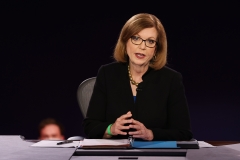 Debate moderator Washington Bureau Chief for USA Today Susan Page speaks during the first vice presidential debate in Kingsbury Hall of the University of Utah. (Photo credit: