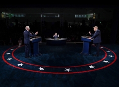 President Donald Trump and Democrat presidential candidate Joe Biden participate in the first presidential debate on September 29, 2020 in Cleveland, Ohio. (Photo by OLIVIER DOULIERY/POOL/AFP via Getty Images)