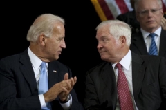 Then-Defense Secretary Robert Gates and Vice President Biden in 2010. (Photo by Jim Watson/AFP via Getty Images)