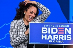 Democratic vice presidential nominee Kamala Harris speaks during a drive-in rally in Palm Beach State College in West Palm Beach, Florida, on October 31, 2020. (Photo by CHANDAN KHANNA/AFP via Getty Images)