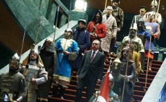 Turkish President Recep Tayyip Erdogan descends a stairway at the presidential palace in Ankara, flanked by soldiers wearing uniforms of the Ottoman Empire, which ended almost a century ago. (Photo by Adem Altan/AFP via Getty Images)