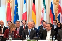 At a previous meeting in Vienna of the Iran nuclear deal’s ‘joint commission’ are E.U. foreign policy secretary-general Helga Schmid, IAEA director-general Yukiya Amano, and Iranian foreign ministry representative Abbas Araghchi. (Photo by Joe Klamar/AFP via Getty Images)