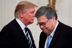 President Donald Trump (L) shakes hands with US Attorney General William Barr (R) during the Public Safety Officer Medal of Valor presentation ceremony at the White House in Washington, DC on May 22, 2019. (Photo by JIM WATSON/AFP via Getty Images)