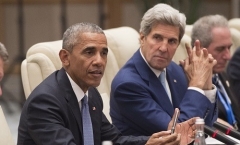 President Obama and Secretary of State John Kerry in Hangzhou, China on Sept. 3, 2016, the day the U.S. formally joined the Paris climate accord. (Photo by Saul Loeb/AFP via Getty Images)