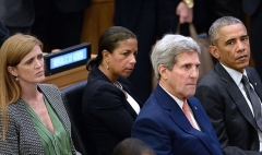 National Security Advisor Susan Rice, center, with President Obama, Secretary of State John Kerry, and Ambassador to the U.N. Samantha Power, at the U.N. General Assembly in 2014. (Photo by Anthony Behar-Pool/Getty Images)