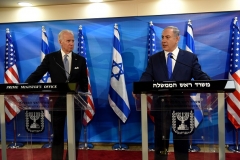 Then-Vice President Joe Biden joins Israeli Prime Minister Benjamin Netanyahu during joint statements in the prime minister's office in Jerusalem on March 9, 2016. (Photo by DEBBIE HILL/AFP via Getty Images)