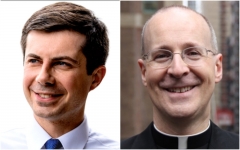 Transportation Secretary Pete Buttigieg, left, and Rev. James Martin.