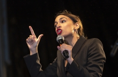 Rep. Alexandria Ocasio-Cortez gives a speech. (Photo credit: Getty/Ole Jensen)