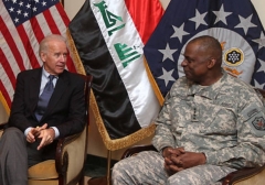 Then-Vice President Joe Biden meets with Gen. Lloyd Austin at the U.S. Embassy in Iraq, Nov. 29, 2011. (Ahmad Al-Rubaye/AFP via Getty Images)