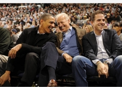 Then-President Barack Obama, then-Vice President Joe Biden and Hunter Biden at a Georgetown Basketball game, Jan. 30, 2010. (Photo by Mitchell Layton/Getty Images)