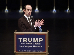 Donald Trump's senior policy adviser, Stephen Miller, speaks during a rally. (Photo credit: JOHN GURZINSKI/AFP via Getty Images)