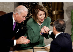 Speaker Nancy Pelosi shakes hands with Mexican President Felipe Calderon as Joe Biden looks on, May 20, 2010. (Photo by Joshua Roberts/Bloomberg via Getty Images)