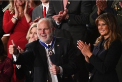 Rush Limbaugh in the gallery of the House of Representatives after being awarded the Medal of Freedom and acknowledged by President Donald Trump as he delivered his State of the Union Address, Feb. 4, 2020. (Photo by MANDEL NGAN/AFP via Getty Images)