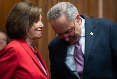 Speaker of the House Nancy Pelosi (D-Calif.) and Senate Democrat Leader Chuck Schumer (D-N.Y.) confer on Capitol Hill. (Photo by SAUL LOEB/AFP via Getty Images)