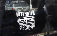 An assault rifle decal on a gun rights advocate's pickup truck urges the defense of the U.S. Constitution's Second Amendment. (Photo credit: Robert Alexander/Getty Images)