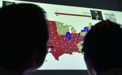 Displayed is an electoral map from the 2016 presidential election. (Photo credit: BAY ISMOYO/AFP via Getty Images)