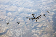Israeli Air Force F-15s accompany a U.S. Air Force B-52 bomber over Israeli airspace on Sunday. (Photo: IDF Spokesman's Unit)