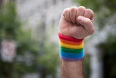 A fist is raised at an LGBT rally. (Photo credit: JOSH EDELSON/AFP via Getty Images)