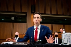 Senator Josh Hawley (R-Mo.), questions witnesses during a Senate Judiciary Committee hearing on voting rights on April 20, 2021. (Photo by BILL CLARK/POOL/AFP via Getty Images)