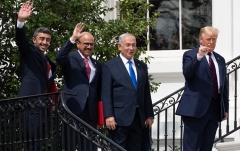 President Trump with the Israeli PM, UAE Foreign Minister, and Bahraini Foreign Minister at the White House last September after signing historic accords. (Photo by Saul Loeb/AFP via Getty Images)