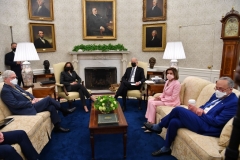 President Joe Biden (3rd R) and US Vice President Kamala Harris (L) meet with members of Congressional Leadership, including Senate Majority Leader Chuck Schumer (R), Speaker of the House Nancy Pelosi (2nd R) and Senate Minority Leader Mitch McConnell, to discuss policy areas of mutual agreement, in the Oval Office of the White House in Washington, DC, on May 12, 2021. (Photo by NICHOLAS KAMM/AFP via Getty Images)