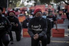 Economic Freedom Fighters (EFF) leader Julius Malema kneels in front of the United States (US) Embassy in Pretoria, on June 8, 2020. (Photo credit: MARCO LONGARI/AFP via Getty Images)