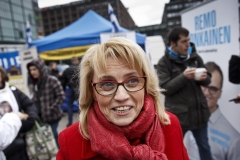 Chairwoman Päivi Räsänen of the Christian Democrats campaigns in Helsinki, Finland on April 18, 2015 ahead of the parliamentary elections to take place on Sunday, April 19, 2015. (Photo credit: Roni Rekomaa, Roni Rekomaa/AFP via Getty Images)