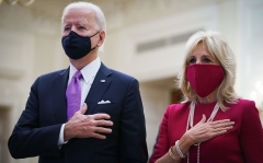 President Biden and First Lady Jill Biden at the virtual presidential inaugural prayer service, at the White House on January 21, 2021.  (Photo by Mandel Ngan/AFP via Getty Images)