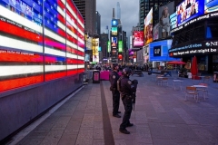 NYP officers patrol Times Square after two women and a four-year-old girl were shot and injured on May 8, 2021. (Photo by KENA BETANCUR/AFP via Getty Images)