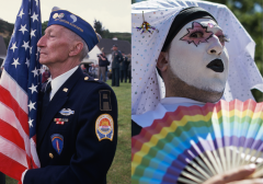 Featured are a D-Day veteran and LGBT protester. (Photo credit: Peter Turnley/Corbis/VCG via Getty Images and ANDREW CABALLERO/REYNOLDS/AFP via Getty Images)